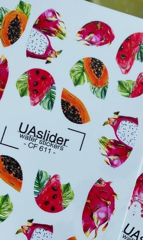 UA Slider 2D Nail Decal CF-611 Nail Water Decal Gold FOIL/ Exotic Fruits/ Dragon Fruit/ Papaya/ Watermelon Slices/ Tropical Nails