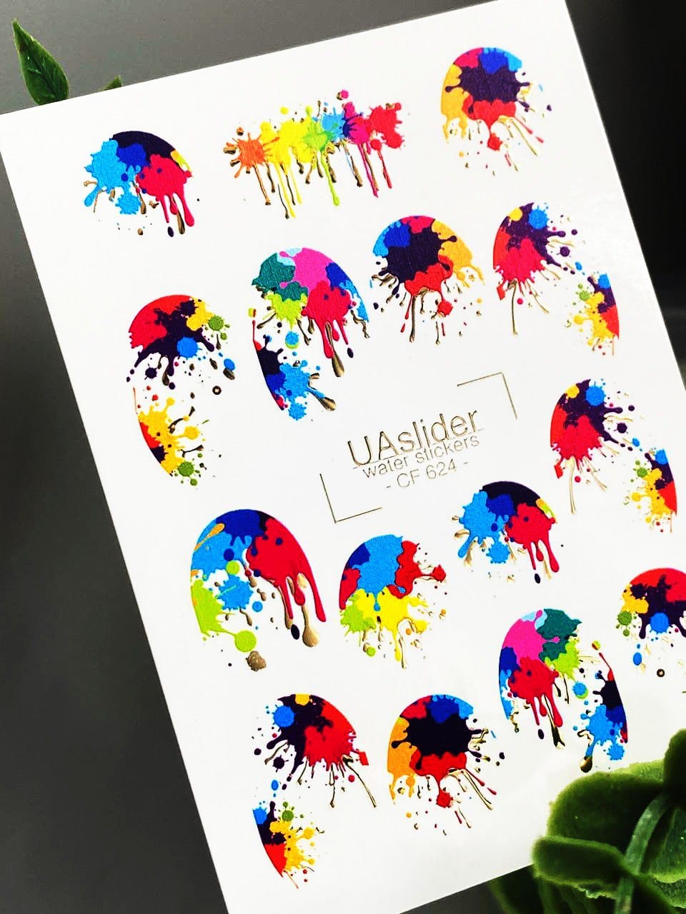 UA Slider 2D Nail Decal CF-624 Nail Water Decal Gold FOIL/ Paint Splash Style/ Neon nails/ Festival Nails/ Pop Art Nails/ Colorful Nails