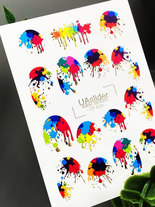 UA Slider 2D Nail Decal CF-624 Nail Water Decal Gold FOIL/ Paint Splash Style/ Neon nails/ Festival Nails/ Pop Art Nails/ Colorful Nails