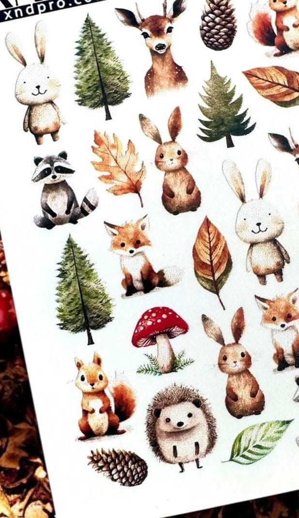 XND Products 2D Nail Decal CL-14 Nail Decal 2D/ Woodland Animals /Forest / Cozy autumn/ Deer/ Fox/ Rabbit/ Raccoon/ Leaves/