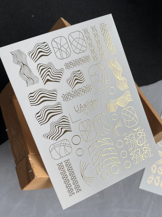 UA Slider 2D Nail Decal FG-112 Nail Decal Gold FOIL/ Modern Arches/ Waves /Abstract /Geometric Art/ Nail Art/ Nail Water Decals