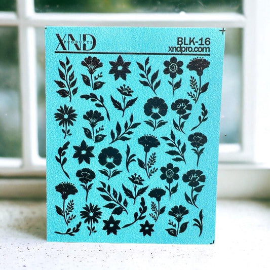 XND Products 2D Nail Decal BLK-16 / Nail Decal 2D /Foliage/ Black/ Flowers/