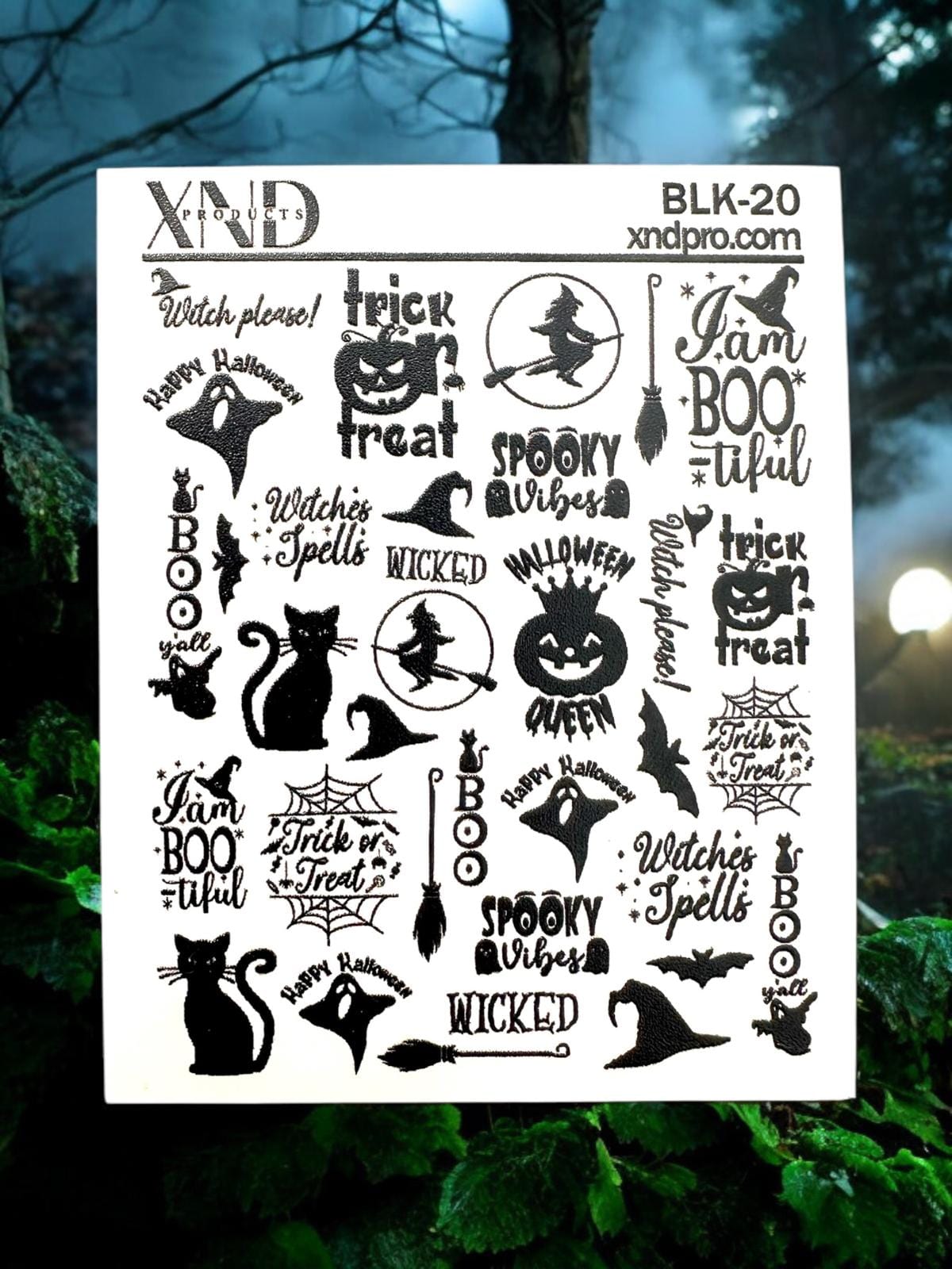 XND Products 2D Nail Decal BLK-20 / Halloween Phrases, Silhouettes, Ghost, Bats, Cats, Boo