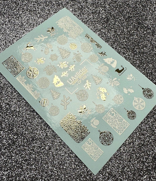 UA Slider 2D Nail Decal CF-055 Gold & White Christmas Ornament Water Decals Luxury Winter Nail Art