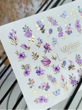 UA Slider 2D Nail Decal CF-117 Nail Water Decal Gold FOIL/ Lavender/ Floral/ Purple Flowers / Botanical Nails/ Butterfly Nails