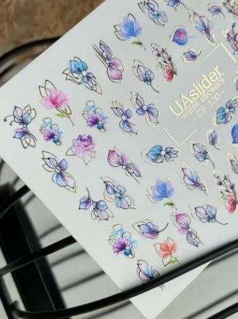 UA Slider 2D Nail Decal CF-120 Nail Water Decal Gold FOIL/ Watercolor Flowers/ Floral Decals/ Watercolor Floral/ Pink, Blue & Purple Flowers with Gold Accents