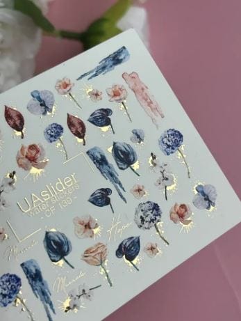 UA Slider 2D Nail Decal CF-139 Nail Water Decal Gold FOIL/Vintage Floral Nail Decals / Blue & Blush / Watercolor Flowers/