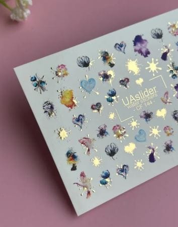 UA Slider 2D Nail Decal CF-144 Nail Water Decal Gold FOIL/ Ink Splash/ Purple Hearts/ Florals/ Hearts/ Butterflies/