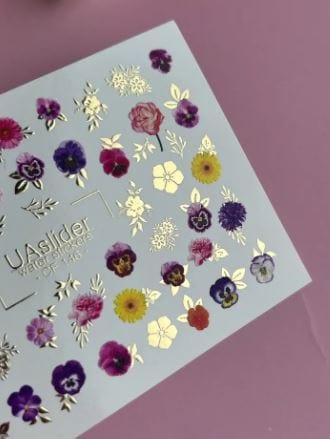 UA Slider 2D Nail Decal CF-146 Nail Water Decal Gold FOIL/ Flowers/ Fuchsia & Purple Flower/ Colorful Floral Nail Decals