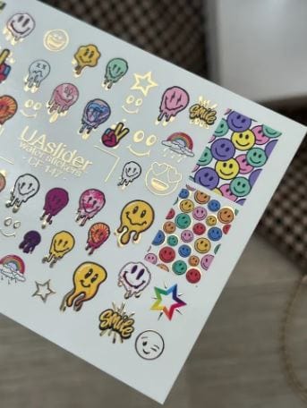 UA Slider 2D Nail Decal CF-147 Nail Water Decal Gold FOIL/ Smiley Face/ Retro-style/ Stars/ Rainbow dots/ Fun Nails