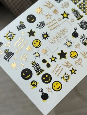 UA Slider 2D Nail Decal CF-148 Nail Decal Gold FOIL/ Yellow Smile Face/ Retro/ Pop Art/ Stars/ Crowns/Graffiti /Text Gold Geometric Accents/ Water Stickers