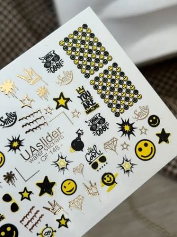 UA Slider 2D Nail Decal CF-148 Nail Decal Gold FOIL/ Yellow Smile Face/ Retro/ Pop Art/ Stars/ Crowns/Graffiti /Text Gold Geometric Accents/ Water Stickers
