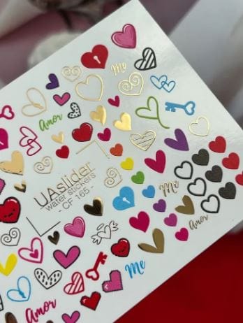 UA Slider 2D Nail Decal CF-165 Nail Water Decal Gold FOIL/ Colorful Heart / Hearts/ Valentine’s Day Nails/ Keys/ Love words/ Symbols/