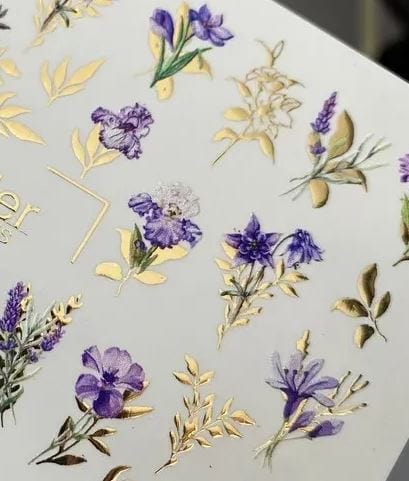 UA Slider 2D Nail Decal CF-176 Nail Water Decal Gold FOIL/ Flowers/Purple floral/ Romantic/ Spring / Floral nails/ Gold Leaf