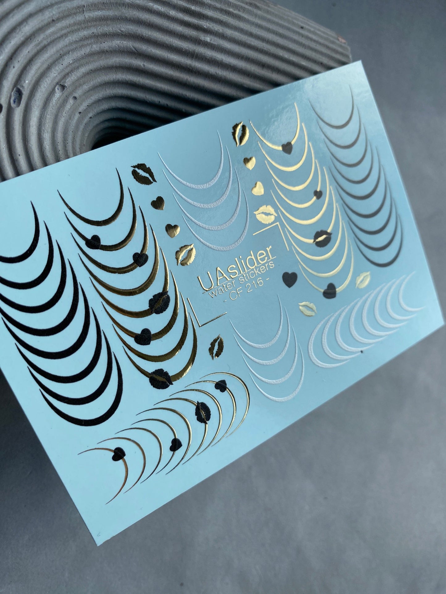 UA Slider 2D Nail Decal CF-216 Nail Water Decal Gold FOIL/Minimalist /Crescent/ Arcs & Gold Lips/ Abstract/ Nail Art/ Nail Decals