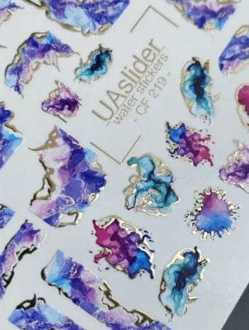 UA Slider 2D Nail Decal CF-219 Nail Water Decal Gold FOIL/ Abstract Ink /Marble/Purple & Blue / Swirl Design/ Foil Swirls