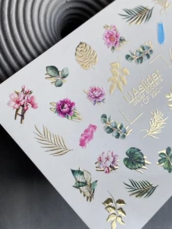 UA Slider 2D Nail Decal CF-220 Nail Decal Gold FOIL/Foliage/ Leaves/ Tropical Leaves / Gold Foil Accents