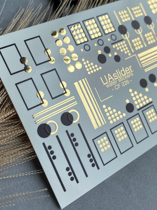 UA Slider 2D Nail Decal CF-226 Nail Decal Gold FOIL/ Geometric Dots / Rectangles with Gold Foil Accents/ Modern /Minimalist