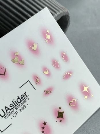 UA Slider 2D Nail Decal CF-246 Nail Water Decal Gold FOIL/Pink Aura Glow / Gold Heart/ Stars and Sparkles/Korean Nail Trends