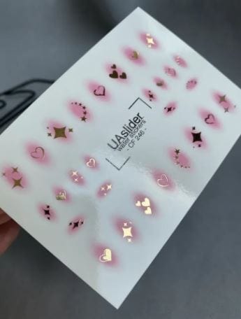 UA Slider 2D Nail Decal CF-246 Nail Water Decal Gold FOIL/Pink Aura Glow / Gold Heart/ Stars and Sparkles/Korean Nail Trends
