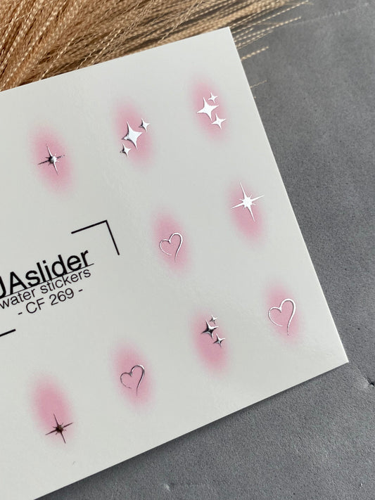 UA Slider 2D Nail Decal CF-269 Nail Decal Gold FOIL/ Blush/ Pink Airbrush/ Hearts/  Sparkles/ Romantic Silver Foil