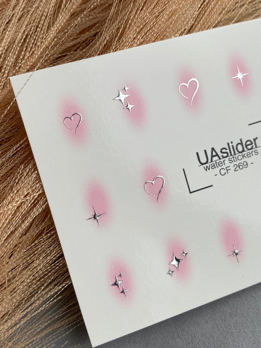UA Slider 2D Nail Decal CF-269 Nail Decal Gold FOIL/ Blush/ Pink Airbrush/ Hearts/  Sparkles/ Romantic Silver Foil