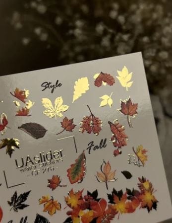 UA Slider 2D Nail Decal CF-276 Nail Water Decal Gold FOIL/ Foil maple/ Oak/ Autumn leaves/Thanksgiving nails