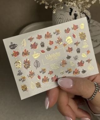 UA Slider 2D Nail Decal CF-280 Nail Water Decal Gold FOIL/ Fall /Leaves/ Cozy Autumn/ Colorful Maple Leaves/ Acorns/ Coffee Cup