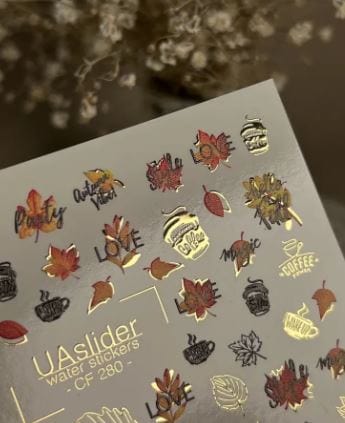 UA Slider 2D Nail Decal CF-280 Nail Water Decal Gold FOIL/ Fall /Leaves/ Cozy Autumn/ Colorful Maple Leaves/ Acorns/ Coffee Cup