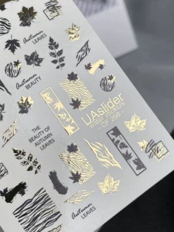 UA Slider 2D Nail Decal CF-298 Nail Water Decal Gold FOIL/ Autumn Leaves/ Fall/ Zebra Print / Gold French Tip / Zebra stripe design