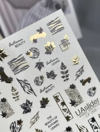 UA Slider 2D Nail Decal CF-298 Nail Water Decal Gold FOIL/ Autumn Leaves/ Fall/ Zebra Print / Gold French Tip / Zebra stripe design
