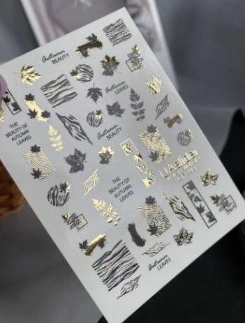UA Slider 2D Nail Decal CF-298 Nail Water Decal Gold FOIL/ Autumn Leaves/ Fall/ Zebra Print / Gold French Tip / Zebra stripe design