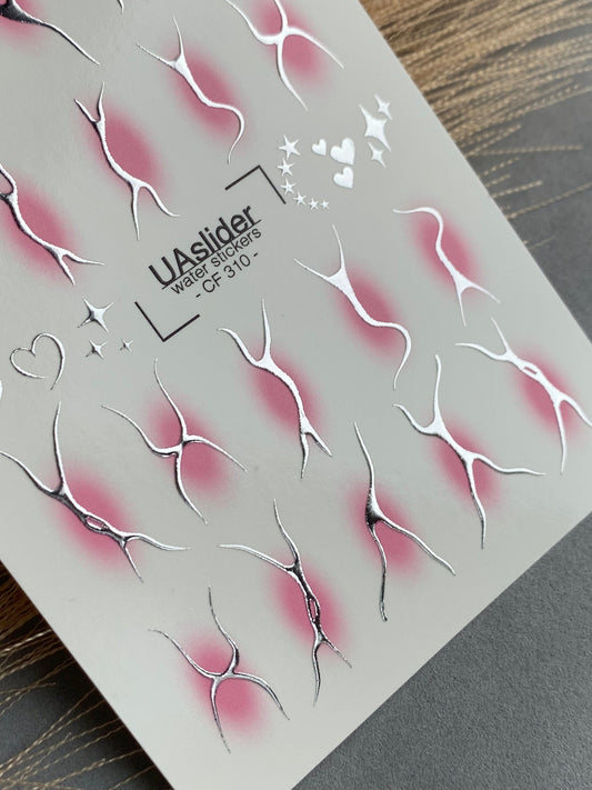 UA Slider 2D Nail Decal CF-310 Nail Decal Gold FOIL/ Blush/ Pink Airbrush/ Abstract/ Silhouettes/ Silver Foil Accents/ Nail Art