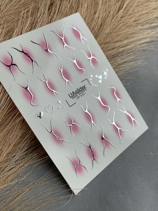 UA Slider 2D Nail Decal CF-310 Nail Decal Gold FOIL/ Blush/ Pink Airbrush/ Abstract/ Silhouettes/ Silver Foil Accents/ Nail Art