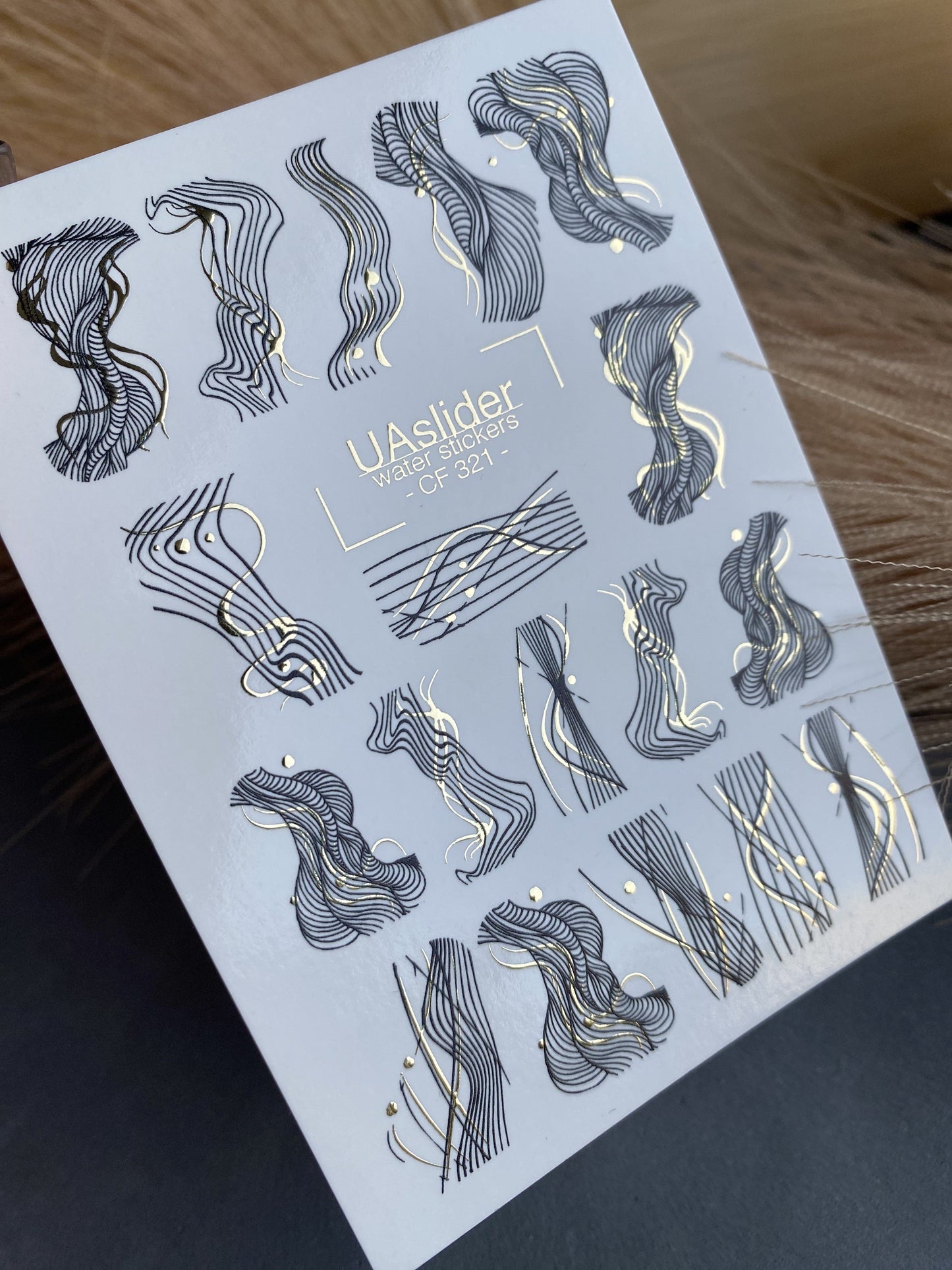 UA Slider 2D Nail Decal CF-321 Nail Decal Gold FOIL/ Abstract Line Art/ Swirls/ Gold Foil Accents/ Luxury Modern/Water Stickers