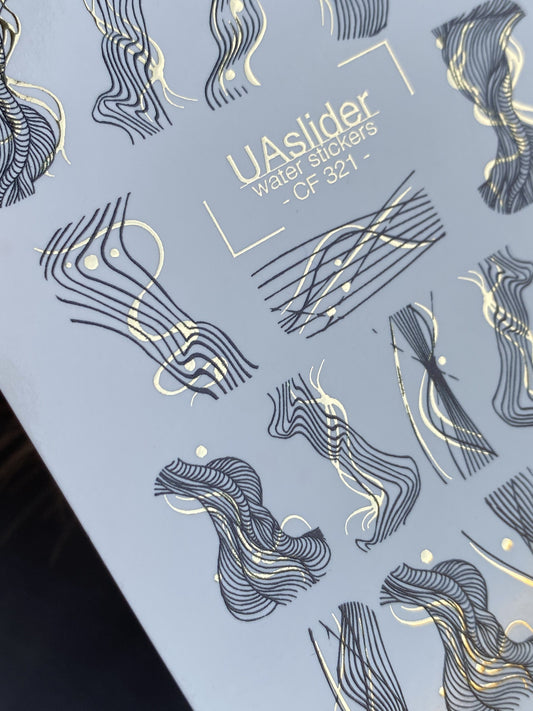 UA Slider 2D Nail Decal CF-321 Nail Decal Gold FOIL/ Abstract Line Art/ Swirls/ Gold Foil Accents/ Luxury Modern/Water Stickers