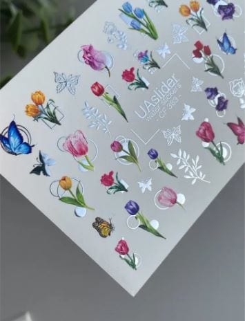 UA Slider 2D Nail Decal CF-383 Nail Decal Gold FOIL/Tulips/ Butterflies /Spring Nails/ Flowers with Gold Foil Accents