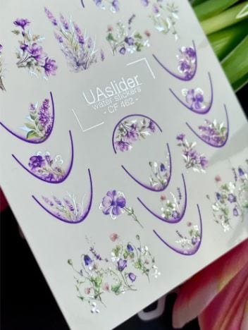 UA Slider 2D Nail Decal CF-462 Nail Water Decal Gold FOIL/ Floral French Tip /Lavender Garden/ Purple Floral