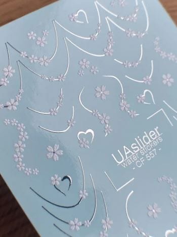 UA Slider 2D Nail Decal CF-557 Nail Decal Gold FOIL/ White Daisy Chain/Soft Floral Curves/  Heart Accents /French Tips/ Romantic /Floral Nail Art