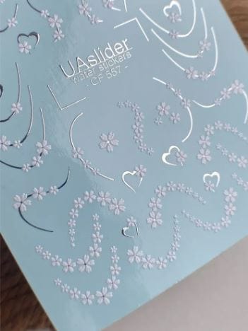 UA Slider 2D Nail Decal CF-557 Nail Decal Gold FOIL/ White Daisy Chain/Soft Floral Curves/  Heart Accents /French Tips/ Romantic /Floral Nail Art