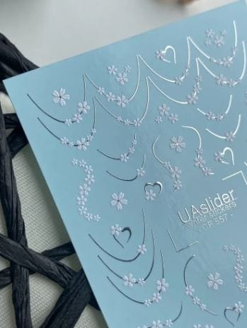 UA Slider 2D Nail Decal CF-557 Nail Decal Gold FOIL/ White Daisy Chain/Soft Floral Curves/ Heart Accents /French Tips/ Romantic /Floral Nail Art