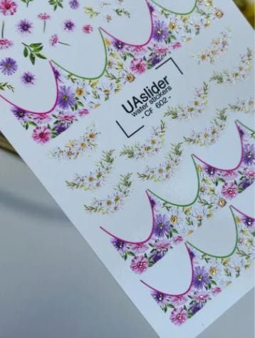 UA Slider 2D Nail Decal CF-602 Nail Water Decal Gold FOIL/ Floral French Tip/ Colorful Garden/ Mini blossoms/Flowers