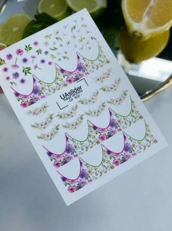 UA Slider 2D Nail Decal CF-602 Nail Water Decal Gold FOIL/ Floral French Tip/ Colorful Garden/ Mini blossoms/Flowers