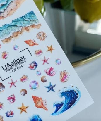 UA Slider 2D Nail Decal CF- 604 Spring Gold Foil Nail Water Decal /Ocean Wave/ Seashell /Nail Decals/ Beach Water Art Set
