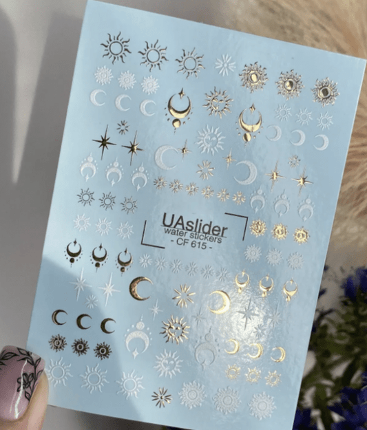 UA Slider 2D Nail Decal CF-615 Celestial Sun & Moon Nail Art Water Decals, Geometric Symbols – Gold & White