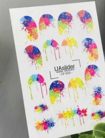 UA Slider 2D Nail Decal CF-623 Nail Water Decal Gold FOIL/ Neon Paint Splatter/ Colorful Nails/ Rainbow Abstract / Festival Nails/ Pop Art Nails