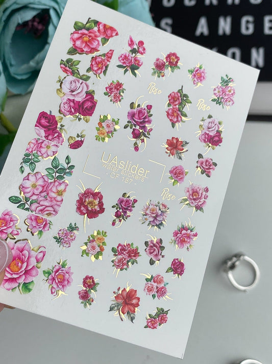 UA Slider 2D Nail Decal Spring Gold Foil Nail Water Decal / Roses / Spring Nails