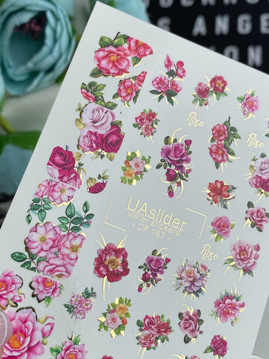 UA Slider 2D Nail Decal Spring Gold Foil Nail Water Decal / Roses / Spring Nails