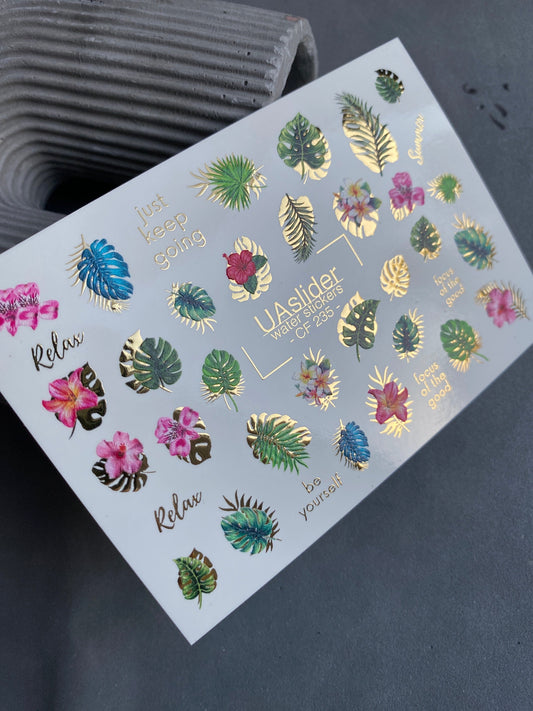 UA Slider 2D Nail Decal Summer Gold FOIL Nail Decal / Palm Tree / Vacation Nails / Tropical Leaves