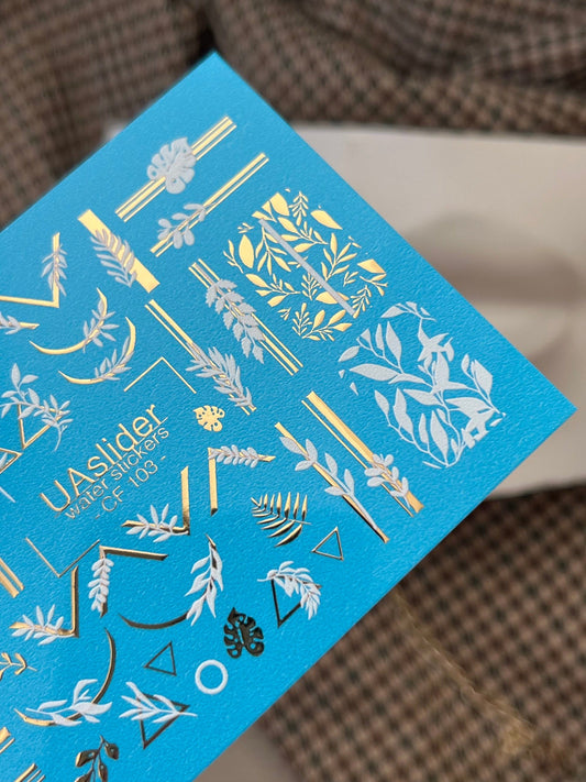 UA Slider 2D Nail Decal CF-103 Nail Water Decal Gold FOIL/Minimalist/ Botanical & Geometric Design, Gold Foil Abstract / Nail Art /Water Stickers